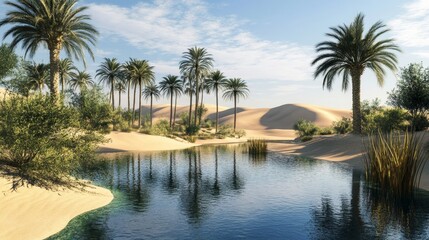 Create an image of a desert oasis, with a small pool of clear water surrounded by palm trees and lush greenery. 