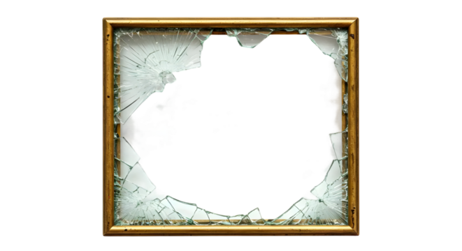 Broken picture frame with shattered glass, showcasing a damaged edge and an empty space, perfect for artistic or creative backgrounds and compositions.