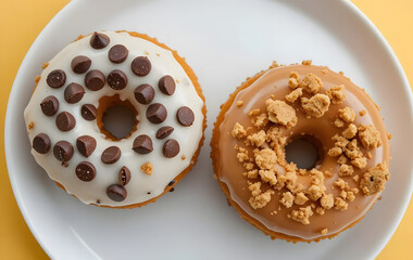 Two delicious donuts on a white plate, one topped with chocolate chips and the other with peanut crumbles, creating a perfect dessert presentation.