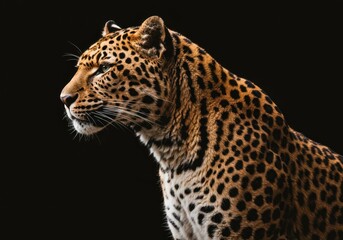 Naklejka premium Majestic leopard portrait against black backdrop. Wild cat staring sideways, powerful predator for wildlife conservation education materials and zoo promotional banners.