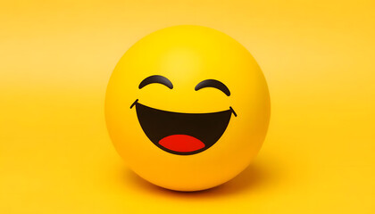 A cheerful, laughing emoji with a wide-open mouth and squinting eyes, set against a vibrant yellow background, symbolizing joy, fun, and positive energy