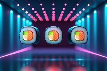 Futuristic sushi concept with holographic elements in a neon lit setting for modern dining design.
