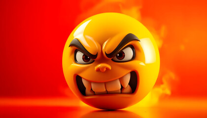 A dramatic close-up of an angry emoji with a furious expression, glowing red eyes, and a fiery background, symbolizing extreme emotions, rage, and frustration