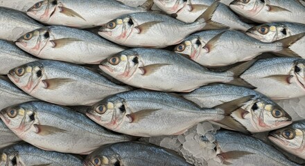 Obraz premium Fresh Shortnose Gar on Ice - Icy fresh shortnose gar, glistening scales, ready for market, abundance of seafood, cold storage preservation.