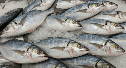 Obraz premium Fresh Shortnose Gar on Ice at Market - Fresh, glistening Shortnose Gar fish on a bed of ice, symbolizing freshness, abundance, healthy eating, seafood market, and culinary delights.