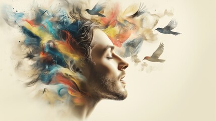 Creative expression through colorful art with a man in profile, birds flying, and vibrant swirls of color representing imagination and freedom