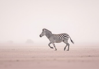 Zebra running in misty plains looking serene. African wildlife scene for conservation, documentary film background. Mammal in natural habitat animal protection