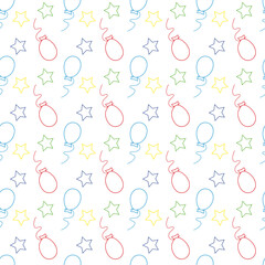 Seamless pattern of colorful balloons and stars. Holiday atmosphere in vector illustration