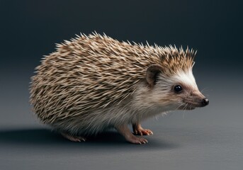 Obraz premium Prickly mammal with spines is posing on gray background. Beautiful african pygmy hedgehog portrait for veterinary design and greeting card, nature concept
