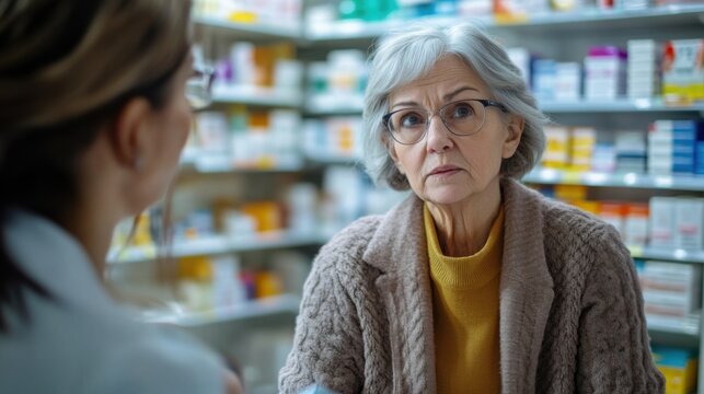Elderly woman consulting pharmacist in a modern pharmacy setting about medication options