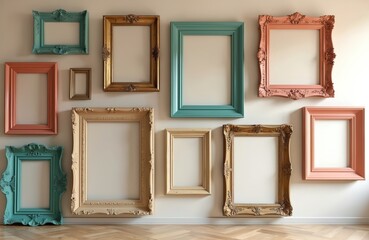 Gallery wall display of empty wooden picture frames, showcasing vintage and contemporary styles. Diverse frames in different sizes, colors, decor. Frames hung on the wall with wood floor.