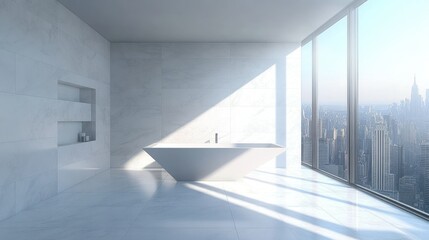 Obraz premium Modern minimalist bathroom with city view, featuring a freestanding tub and marble walls