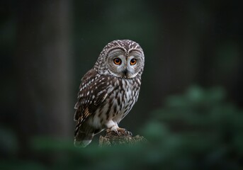 Short-eared owl resting on a stub in rainy forest. Owl portrait, wildlife animal, observing owl in wood for avian protection educational banner