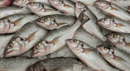 Obraz premium Fresh Warmouth Fish on Ice at Supermarket - A close-up view of fresh warmouth fish, glistening and chilled on ice. The image conveys freshness, quality, and abundance. It symbolizes healthy eating