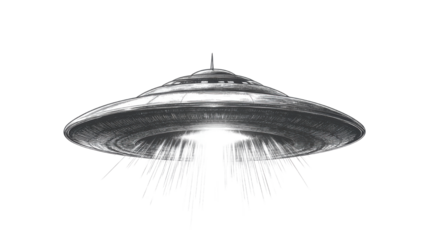 Mysterious UFO Flying Saucer Emitting a Powerful Beam of Light, Isolated on a White Background