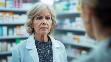 Pharmacist consulting with customer in a pharmacy setting about medication advice