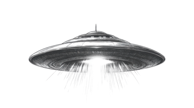 Mysterious UFO Flying Saucer Emitting a Powerful Beam of Light, Isolated on a White Background