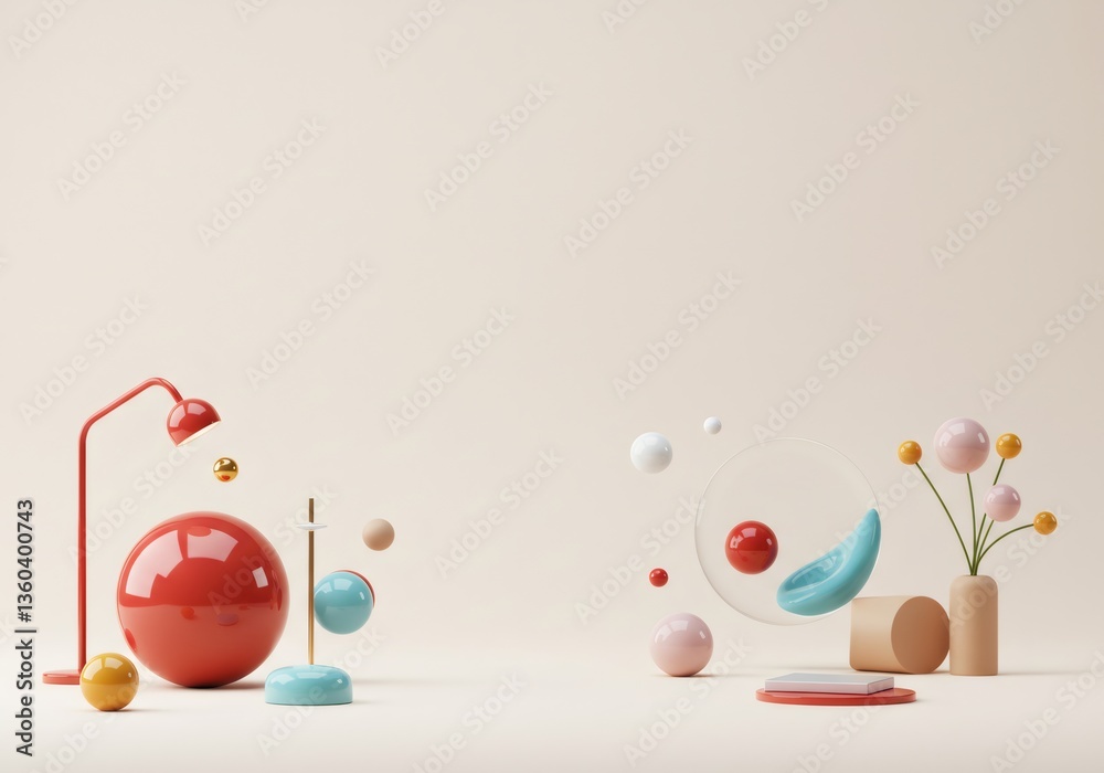 Wall mural abstract colorful 3d render with floating geometric shapes and pastel colors