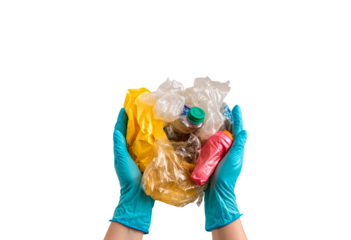 Hands holding colorful plastic waste to promote recycling isolated on transparent background