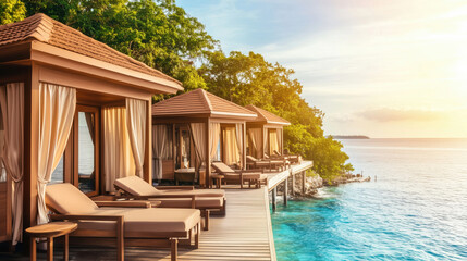 Luxury beachfront villas lined with lounge chairs under the warm sun at a tropical destination