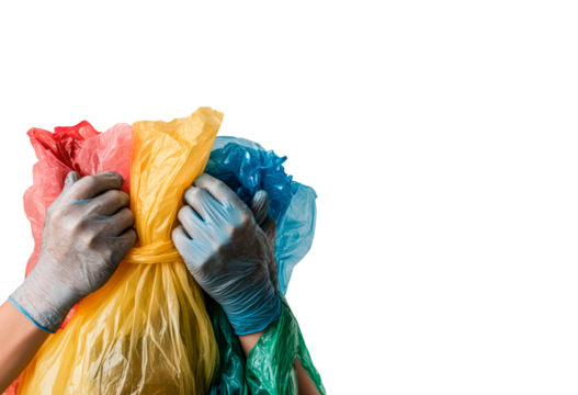 Hands in gloves hold a trash can filled with colorful plastic isolated on transparent background