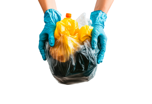 Two hands wearing blue gloves hold a mix of plastic waste isolated on transparent background