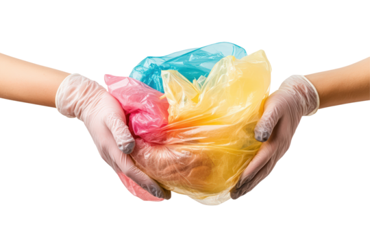 Hands in gloves hold a trash can filled with colorful plastic isolated on transparent background
