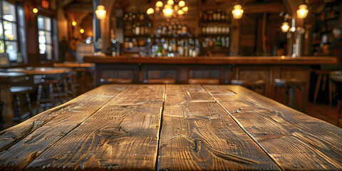 Close-up of an empty rustic wooden table in a warm, dimly lit bar, evoking a cozy tavern or vintage western feel. Copy space.