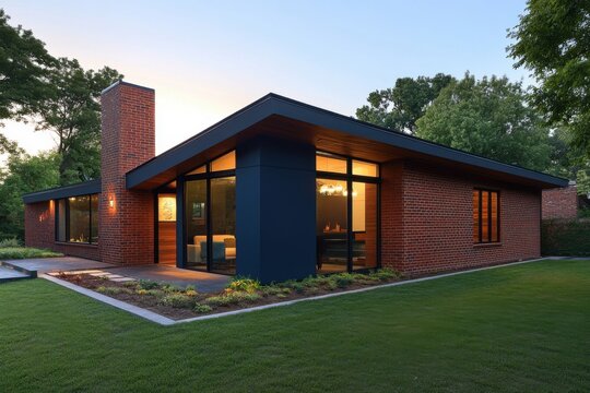 The contemporary brick house features large, expansive glass windows that beautifully complement its sleek design, all set against a vibrant.