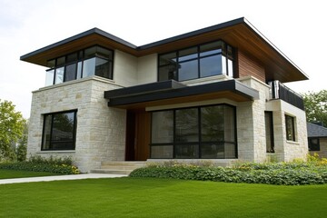 Modern residential building designed with large windows and a stone facade, surrounded by vibrant greenery and a lush lawn
