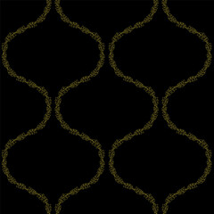 Seamless pattern with golden floral ogee geometrical motifs on a black background. Minimalist classic abstract repeat wallpaper.