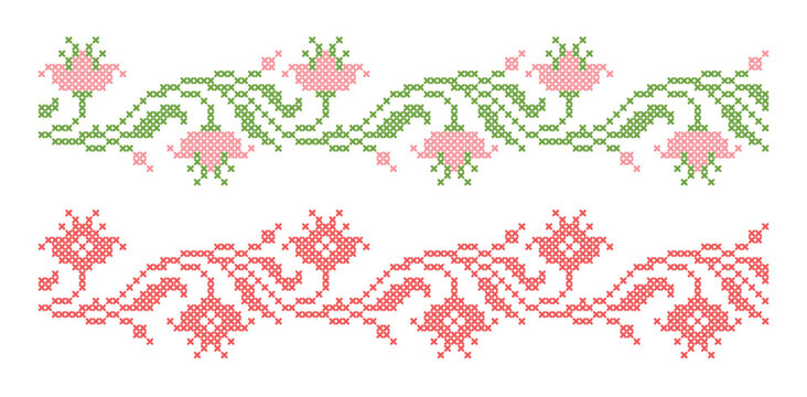 Cross-stitch embroidery featuring a floral pattern in pink, green, and red hues