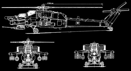Drawing of russian military transport helicopter. General view. Technical cad scheme on paper sheet. Aviation engineering hand drawn sketch. © TKalinovskaya