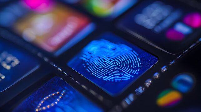 Biometric Security: Capturing the essence of high-tech and data protection with a fingerprint scan, emphasizing the significance of digital security. 