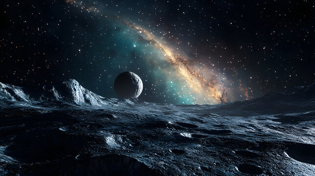 Moon Over Alien Ocean with Vibrant Nebula in Space - Powered by Adobe