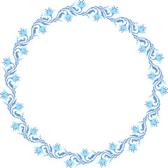 Round cross-stitch frame decorated with floral patterns in shades of blue