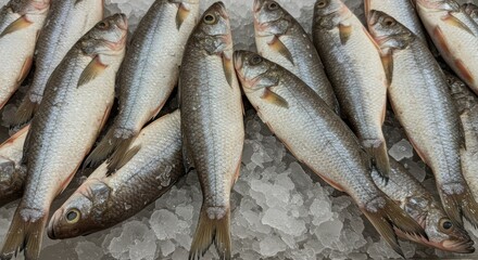 Obraz premium Gizzard Shad on Ice Supermarket Display - Fresh gizzard shad, glistening, iced, arranged neatly, showcasing quality and freshness, ready for sale. Represents abundance, healthy eating, seafood