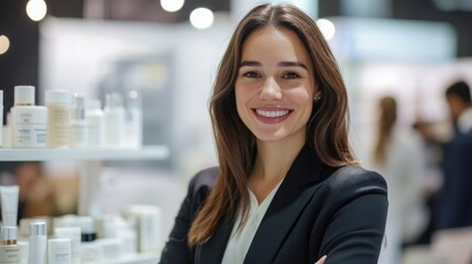 Pharmacy professional engaging with customers at a vibrant healthcare exhibition