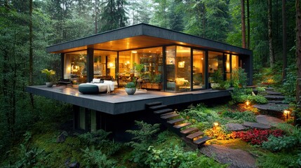 Modern cabin nestled in forest