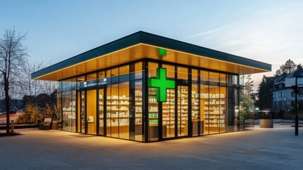 Modern pharmacy building illuminated at dusk showcasing a wide array of healthcare products
