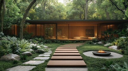 Fototapeta premium Modern, minimalist home nestled within a lush, serene forest. A pathway of wooden steps leads to a spacious, light-filled living area. Fire pit in the center