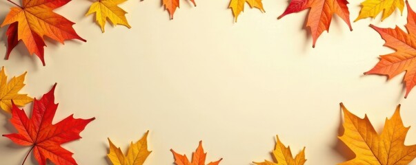 Fototapeta premium Creamy vintage paper, scattered autumn leaves, subtle shadows , brown, red