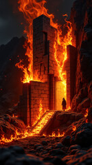 Fototapeta premium Amidst a raging wildfire, a solitary figure stands guard at a fortified tower.