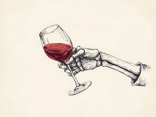Skeleton hand holding red wine.