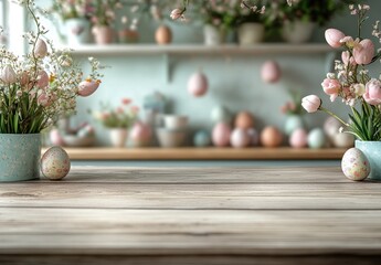 Naklejka premium Charming Easter Decoration with Soft Pink Flowers, Colorful Eggs and Serene Background for Spring Celebrations and Seasonal Inspirations in Home Decor