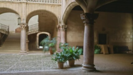 Blurred view of an old university cloister with arches and plants, emphasizing the historical architecture and serene ambiance of the campus setting.