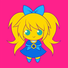 Cartoon baby angel with pink flower smiles in yellow sun