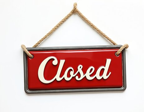 Red closed sign hangs on rope against white background. Classic shop store front sign informs customers of unavailability. Message suggests no service restricted access. Suitable for various business