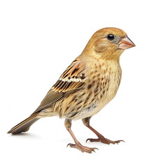 Fototapeta premium A realistic portrait of a finch in side view, isolated on a white background. A small, delicate songbird with a compact body, a short stout beak, intricately patterned feathers, warm earthy tones,