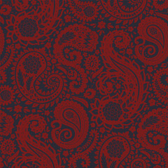 Abstract red paisley motifs and flowers seamless pattern on blue background. Intricate eastern vintage wallpaper. Bohemian textile design.
